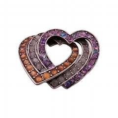 Vintage Liz Claiborne Triple Heart Brooch Amber Grey Purple Rhinestone Pin 2 in