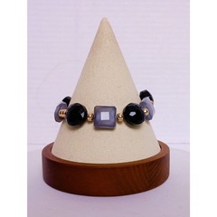 Smoky Gray and Black Faceted Fancy Glass Beaded with Gold Tone Accents Bracelet