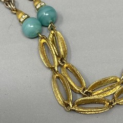 VTG Chain Necklace Aqua Glass Beads Brushed Two Tone Gold Silver Flower Clasp 28