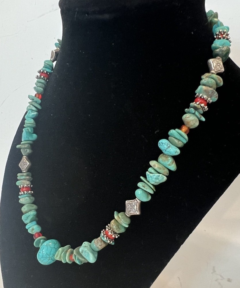 Vintage Turquoise Coral & Sterling Silver Bead Finishes Necklace 16-18” 34.4g