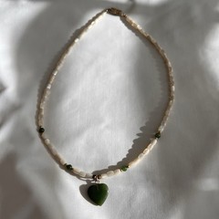 Vintage Mother of Pearl Jadeite Bead Estate Necklace Green Stone Heart Pendant