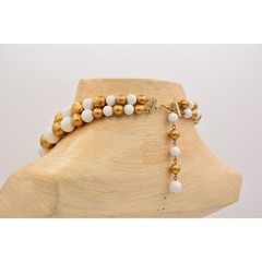 Vintage Collar Choker Necklace Brushed Gold White Beaded Thick Chunky 1980s BinR