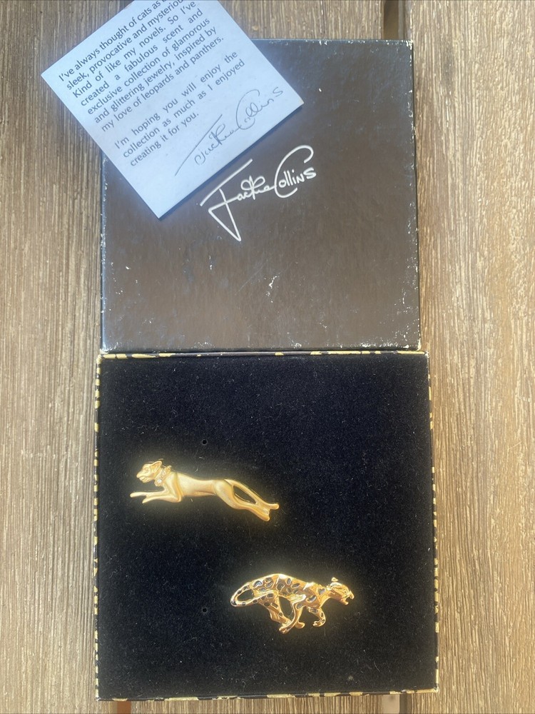 Jackie Collins Set 2 Gold Tone Rhinestone Panther Tiger Leopard Pin In Box