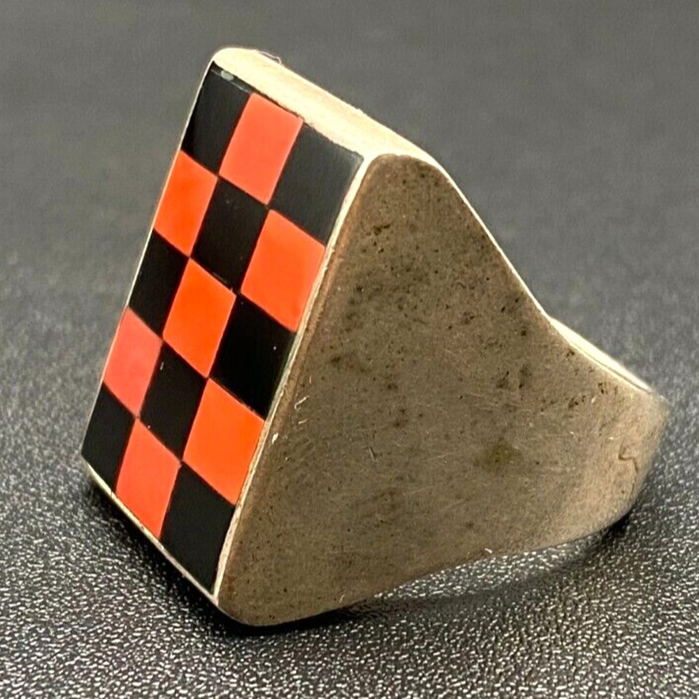 Vintage Coral Red and Black Checker Inlay Sterling Silver Ring Size 11.75
