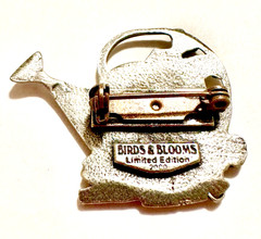 SIGNED Birds & Blooms Garden Watering Can Brooch LE 2000 Silver Tone 1.5”