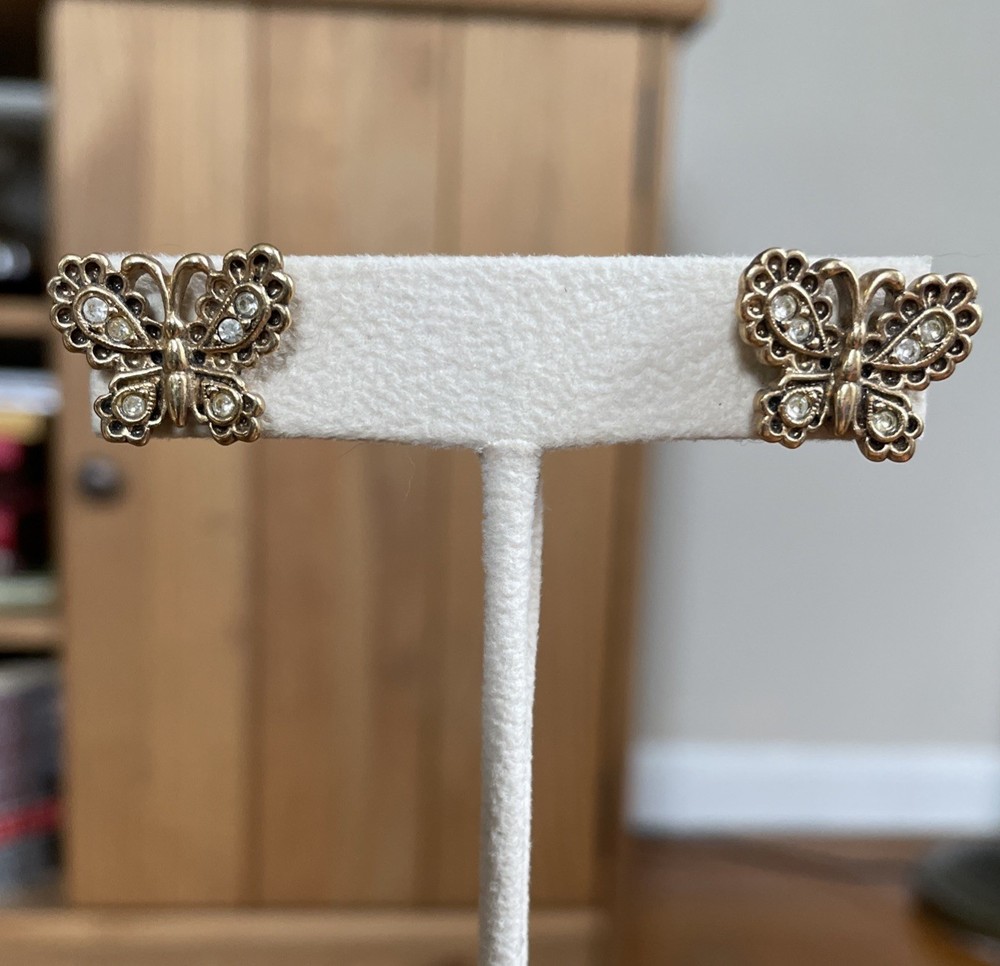 Vintage 90s Avon Gold Rhinestone Butterfly Stud Earrings