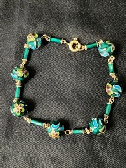Vintage Champleve Bracelet Rich Green Floral Cloisonne Bead Chain Spring Clasp