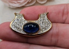 Vintage Lanvin Germany Brooch Pin Rhinestone Blue Cabochon Signed Gold Tone