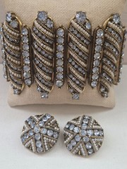 Hollycraft Copr 1954 Blue Rhinestone Faux Pearl Bracelet With Matching Earrings,