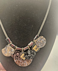 Chico’s Vintage Art Deco Fan Charm Necklace Mesh Chain Black Gold Enamel Signed