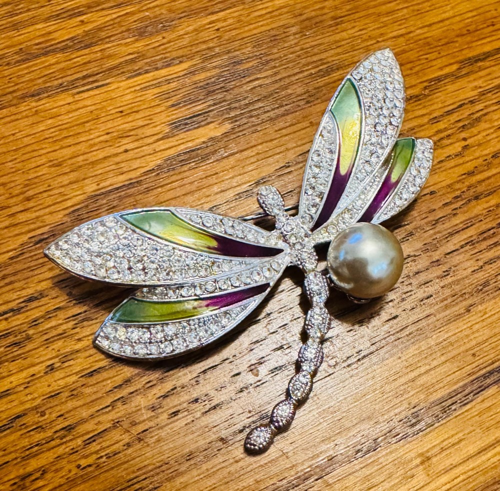 Napier Dragonfly Brooch Faux Pearl Rhinestone Enamel Silver Tone Signed Vintage