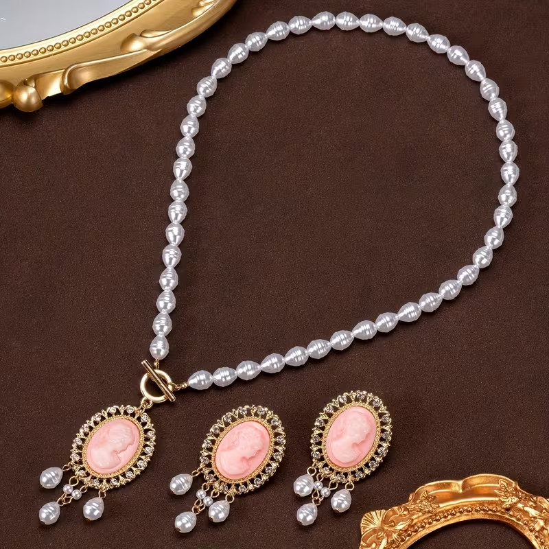 Vintage Cameo Necklace Set Pink Portrait Faux Pearl Gold Tone 3 Piece Jewelry