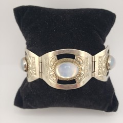VTG Alpaca Silvertone Bracelet White Glass Cabochons Wide Links Made In Mexico