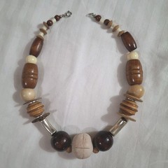 Vintage Chunky Mix Wood Necklace Clay Art Pendant Handmade Silver Tone Round