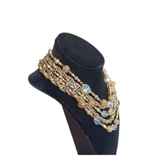 Vintage AB Crystal Glass Bead Multi Strand Gold Tone Bib Necklace 1950s 1960s