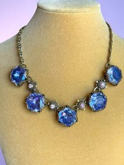 Art Nouveau Austrian Lilac Purple & Pink Crystal Brass Filigree Necklace