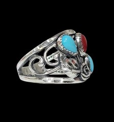 Wheeler MFG Sterling Silver Sleeping Turquoise Coral Diamond Cut Rose Leaf Ring