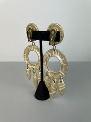 Vintage 80s HUGE Leather and Rhinestone beaded Clip earrings STATEMENT 5″ X 1.8″