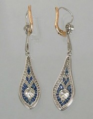 Art Deco Teardrop Earrings Lab Created Sapphire Diamond Milgrain Silver Dangle