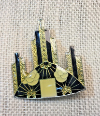 VTG Enamel Art Deco Black Skyscraper Brooch w/ Barrel Clasp -Pierre Bex Style!