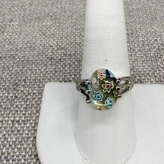 Vintage Millefiori Ring Oval Glass Multi Color Flowers Silver Tone Size 8.25