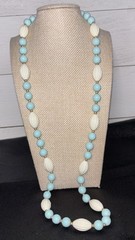 Vintage Bead Necklace Pastel Blue White Rib Textured Lucite Brass Spacer 28”