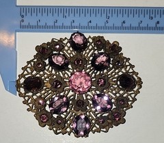 Vintage Oval Floral Brooch Magenta Purple Rhinestone Mid Century Gold Tone Metal