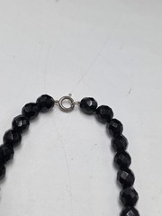 Vintage Czech Black Faceted Glass Bead Necklace Clear Crystal Accents 17″