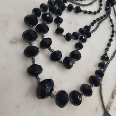 Vintage Black Faceted Crystal Glass Mourning Flapper Necklace Layered 26 In Deco