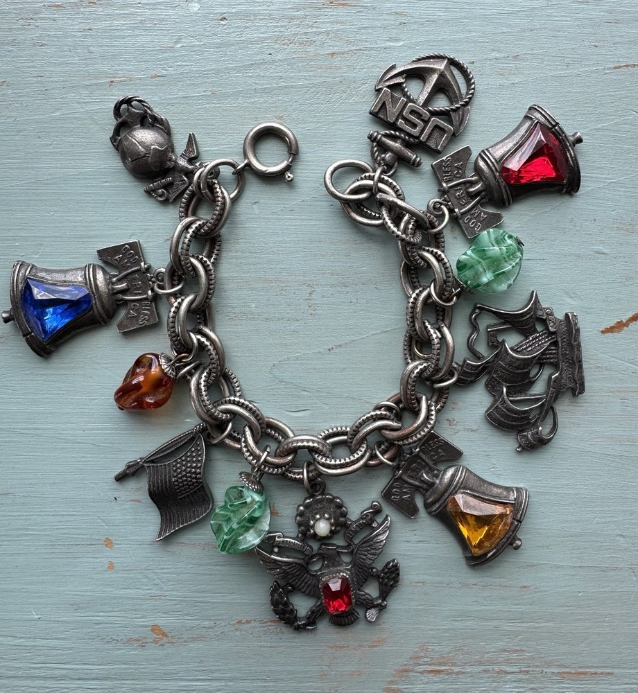 Vintage 1950s Silver Tone Chain Charm Bracelet Patriotic US Navy Liberty Bell