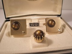 Gold Tone Cabochon SWANK Vintage Cuff Links & Tie Tack set in box