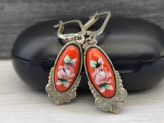 Vintage Enamel Russian Rostov Finift Earrings USSR Soviet Porcelain Hand Painted