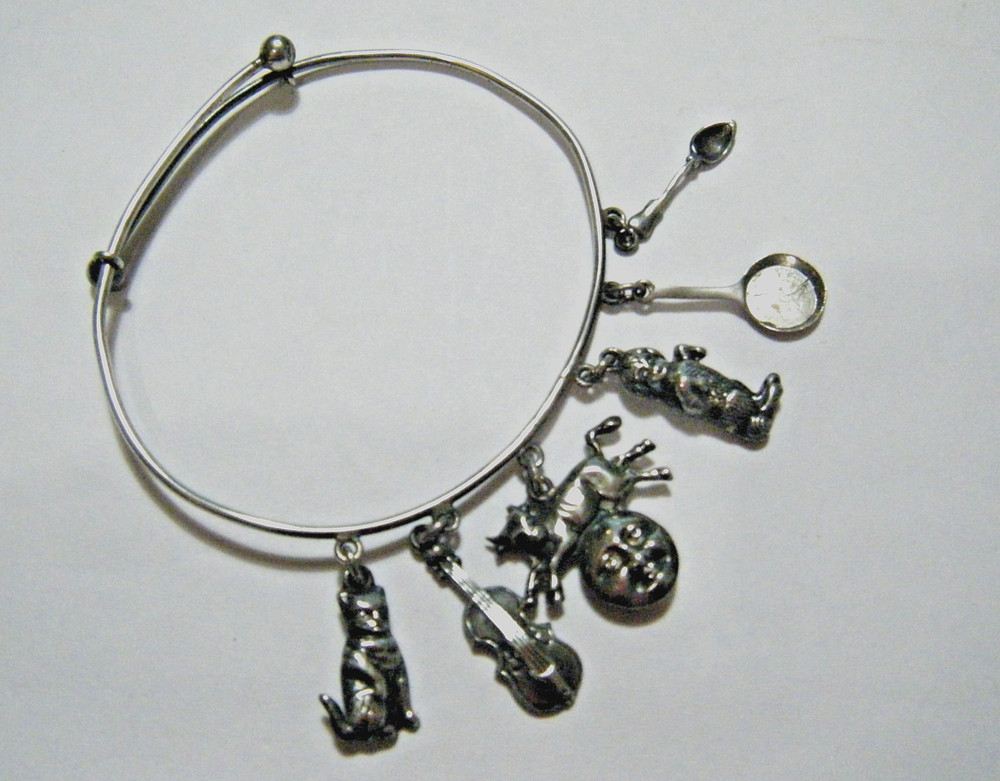 Victorian 935 Silver Slide Bangle 6 Charm Bracelet Cat & Fiddle Nursery Rhymes