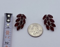 B David Red Rhinestone Brooch Earrings Set Marquise Leaf Silver Tone Vintage
