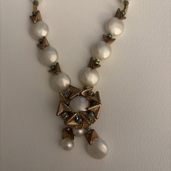 Vintage Statement, Necklace, Pearls Turquoise, And Gold Tone, 22 Inches signed
