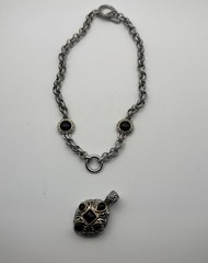 Vintage Brighton Necklace Silver/Gold Tone Black Stones Chunky Link Estate 10”