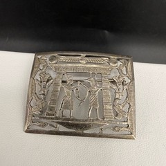Vintage Egyptian Revival Storyteller Brooch Silver Tone Stamped Trombone Clasp