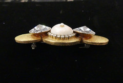 Wendy Gell Signed Face Brooch .75 in Rhinestones & Gold Medallions VTG