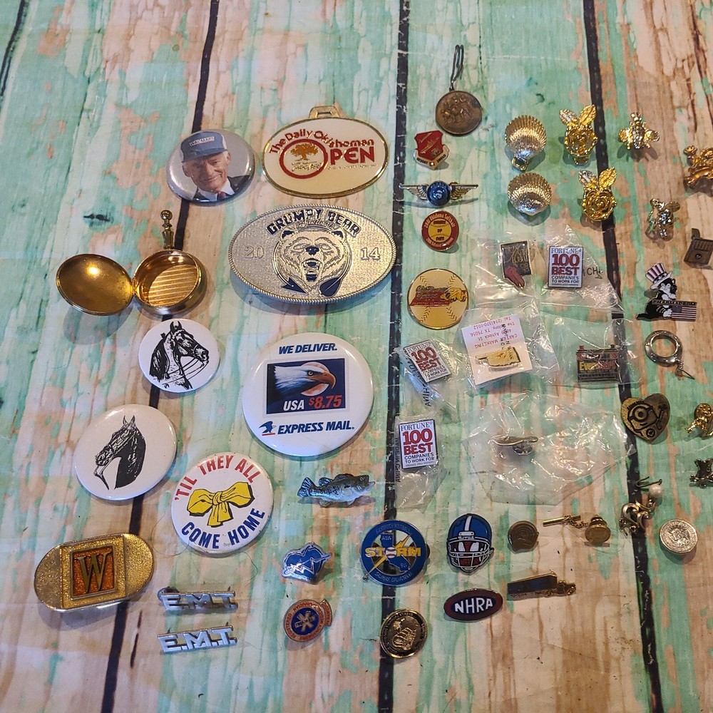 Hat Pin Lot 45 PC Jewelry Junk Drawer Pinback Button & Lapel & Hat Pin Lot