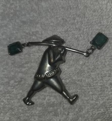 Vintage Asian Water Carrier Figural Brooch Silver Tone Green Glass Dangle Stones
