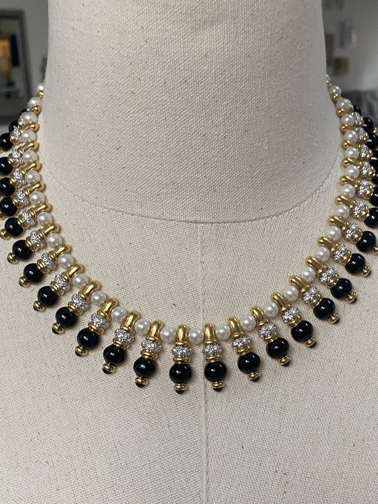 EGYPTIAN REVIVAL BLACK & WHITE BEAD RHINESTONE COLLAR Bib Statement NECKLACE
