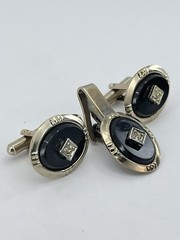 vintage cufflinks and tie clip set oval rhinestone in a diamond shaped setting