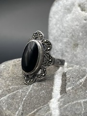 Vintage USSR 925 Silver Ring Black Stone Jewelry Size 7