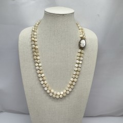Vintage Mother of Pearl Cameo Clasp MOP Beaded Necklace Double Strand 8mm