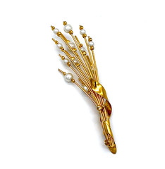 Flowers Brooch Pin Vintage Gold Tone Faux Pearls 3.5 in