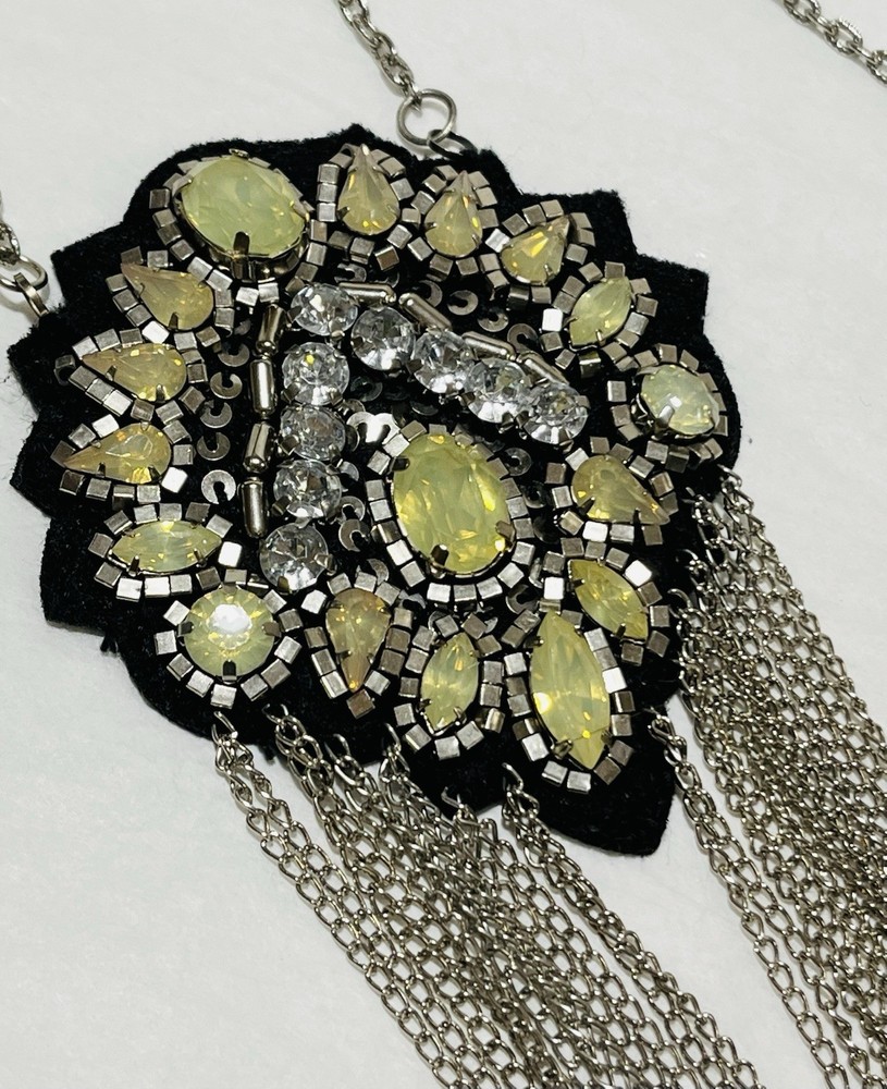 Vintage Artisan Pale Yellow Crystal Rhinestone Pendant Necklace Chain Fringe