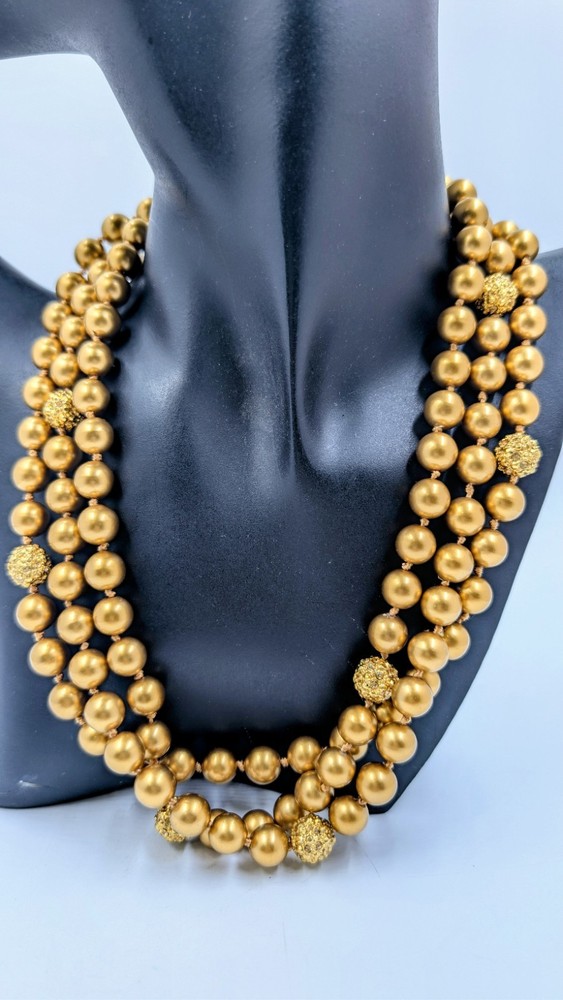 Vtg Signed CA MONOGRAM Three Strand GOLD TONE FAUX PEARL (9.5mm) Necklace 18”