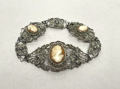 Vintage 800 Silver Filigree Cameo Parure Necklace, Earrings, and Bracelet Set