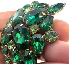 Designer Set Brooch Pin Earrings Green Rhinestone Unsigned Antique MCM