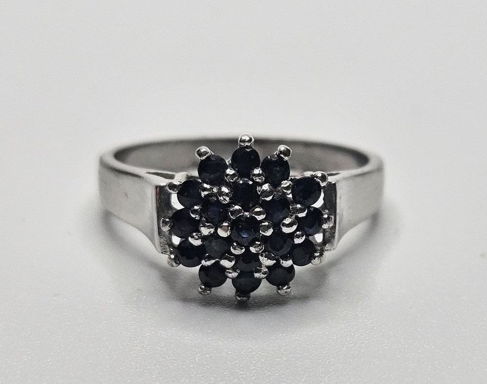 Vintage 925 Sterling Silver Dark Sapphire Cluster Deco Style Ring Size 8.5in